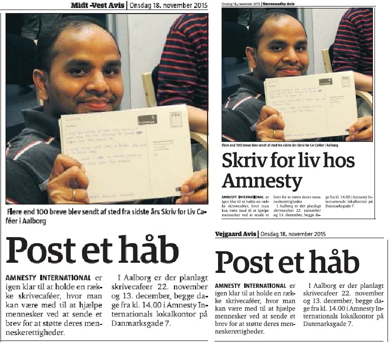Post et håb i Amnesty Aalborg's Skriv for Liv Café'er